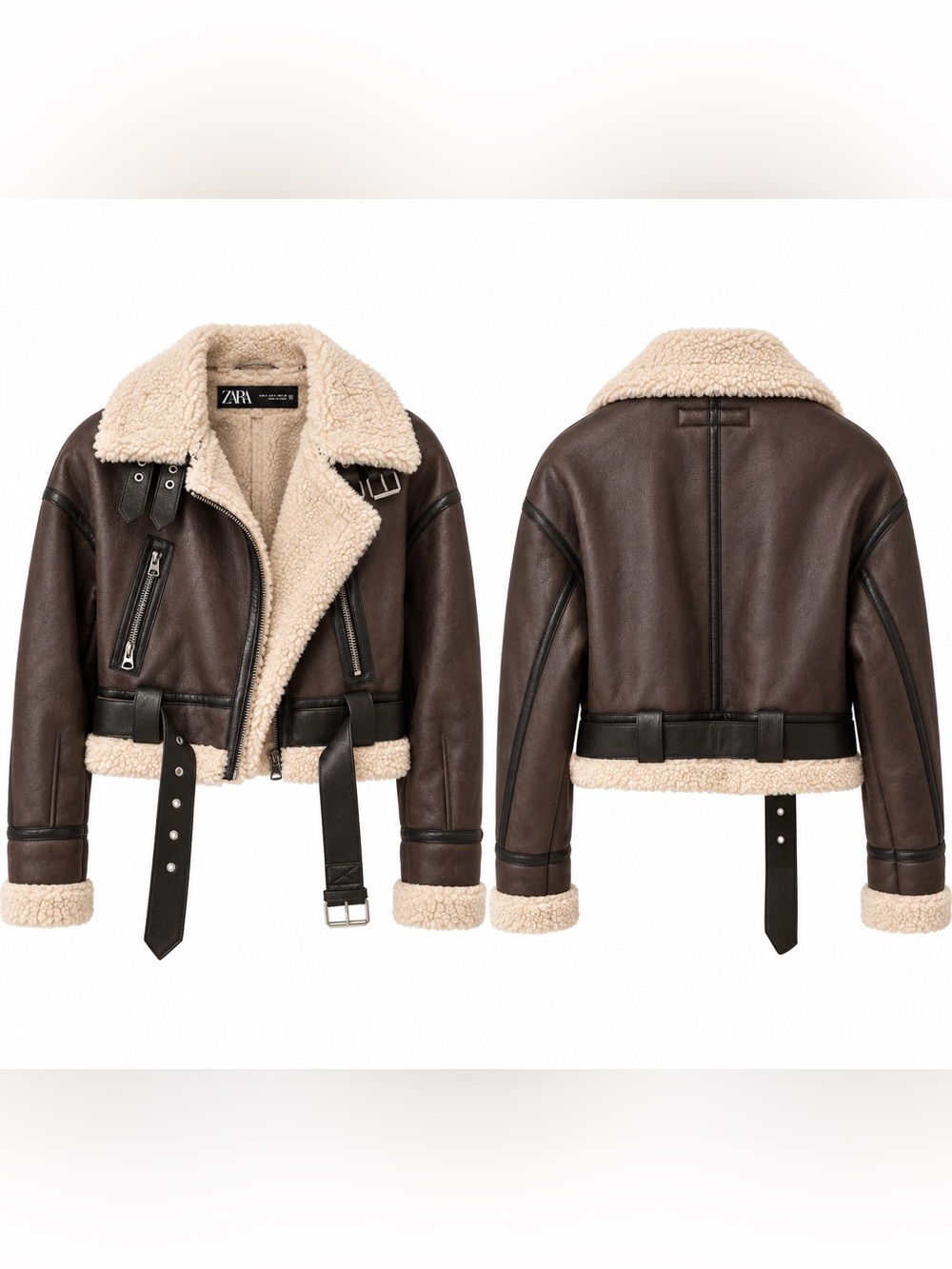 Zara Dark Brown Faux-Leather Shearling Jacket with Cream Trim